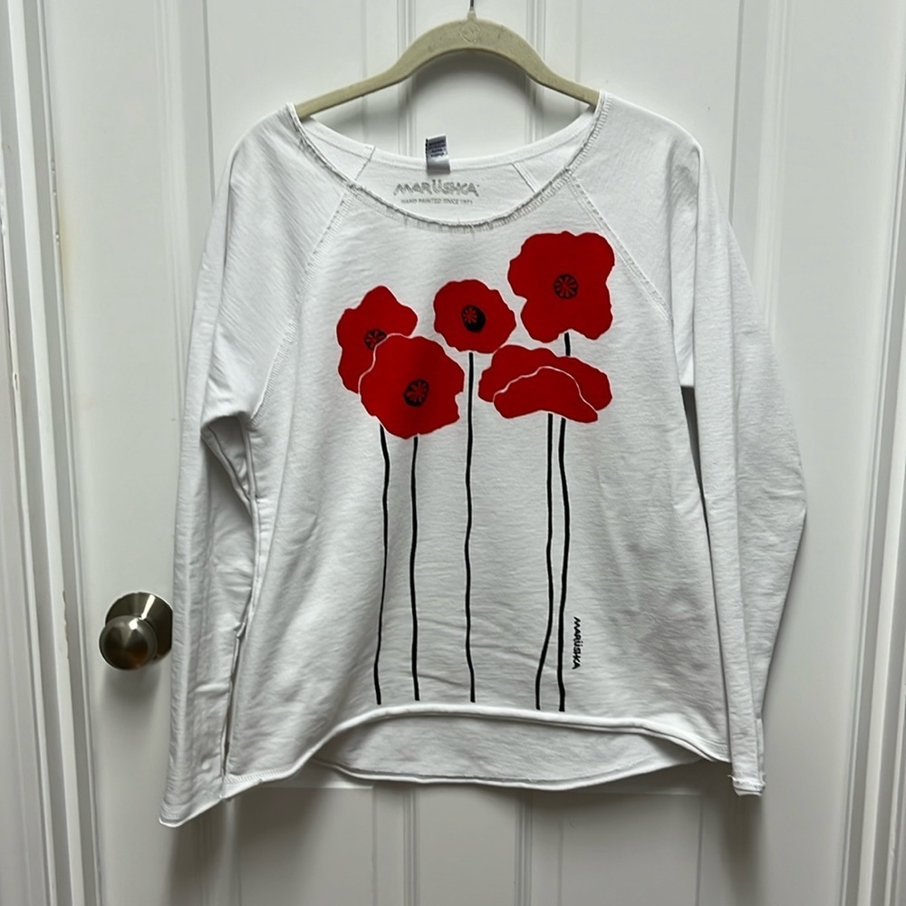 Marushka Handpainted Poppies' Ladies' Crew‎ Fleece Raw-Edge Pullover - Small